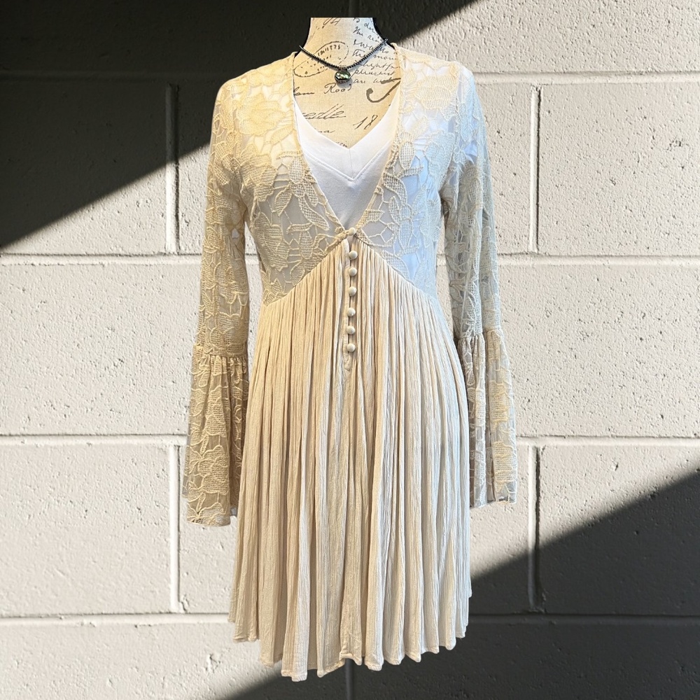 Free People Cream Lace & Pleated Mini Dress